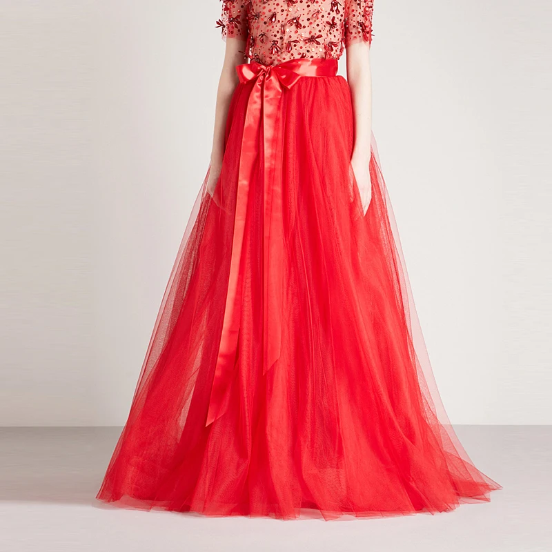 Buy Elegant Red Long Soft Tulle Skirt Ribbon Sash For