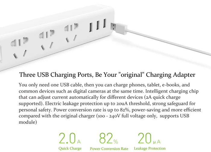 Original XiaoMi 3 USB Charging Ports Mini Power Strip with 3 Sockets Standard Plug