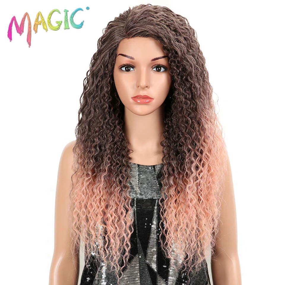 Mágicas para Cabelo Preto para Mulheres Dianteira do Laço sem Cola Resistente ao Calor Peruca do Laço do Cabelo da Fibra Perucas Encaracolado Kinky Parte Lateral Sintética Peruca 26