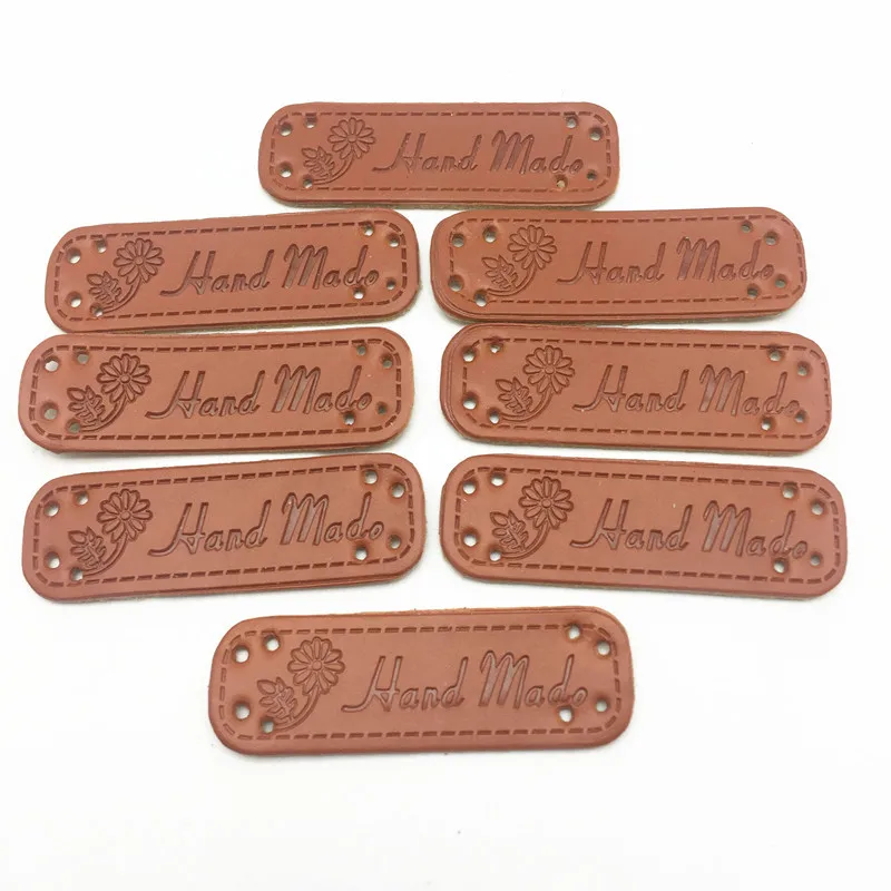 

20pcs 50x15mm "Handmade" With Sunflower Design Garment Labels PU Leather Patch Embossed Rectangle Tags Sewing Accessories