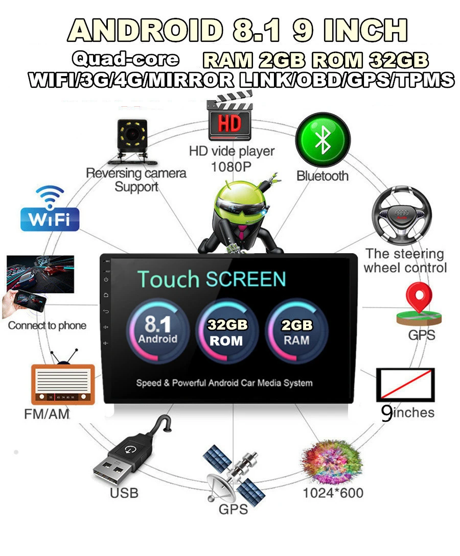 Cheap 9" Universal1 Din Android 8.1 Touch Screen Quad-core RAM 2GB ROM 32GB Car Stereo Radio GPS Wifi 3G 4G BT DAB Mirror Link OBD 0