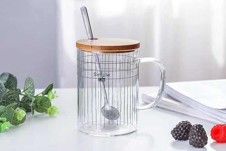 Простая линия стеклянная кофейная кружка с бамбуковой крышкой и ручкой ложки, прозрачная стеклянная посуда для чая, молока, чая, напитков, большие чашки 500 мл