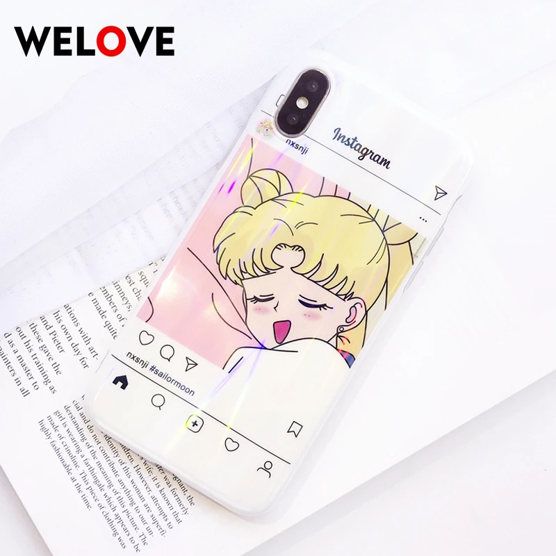 

Colorful aurora Sailor Moon soft phone case For iPhone XS Max case Cute Laser rainbow Girl Cover For iPhone 6 6S 7 8 Plus XR XS