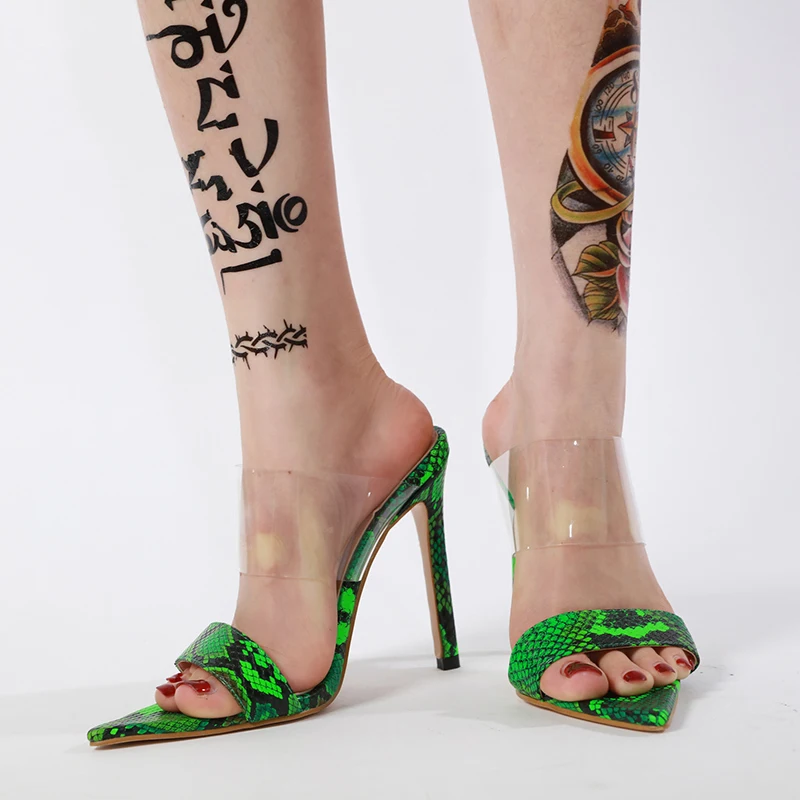 

shoes Woman snake prints sandals summer high heels slides sexy peep toe shoes clear slip on hollow pumps zapatos mujer green