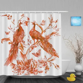 

Watercolor Peacocks Roses Bathroom Curtains Crystals Butterflies Decor Shower Curtain Waterproof Polyester Fabric With Hooks