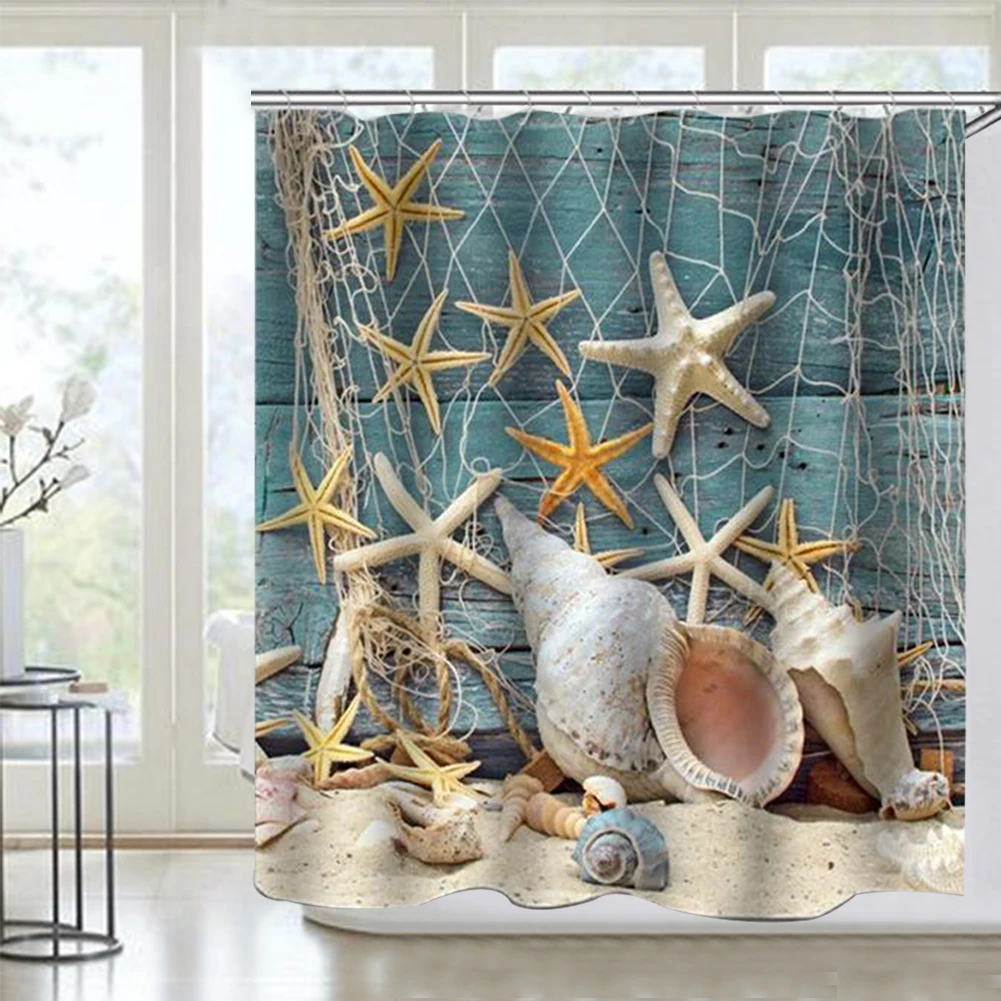 

2019 New High Quality Sea Beach Shell Printed Shower Curtains Bath Curtain With Hooks Waterproof Products Bathroom Decor