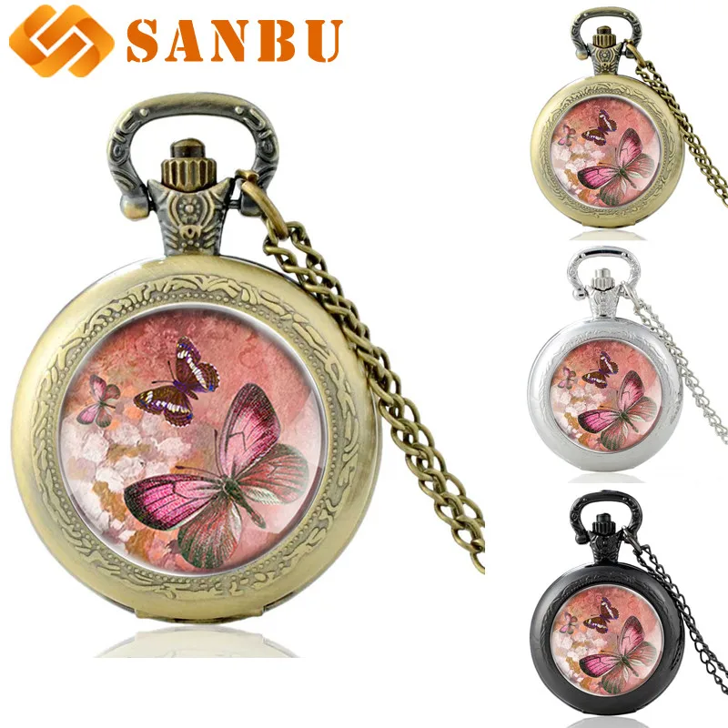 Красивый розовый ожерелье с бабочкой карманные часы Винтаж Для мужчин Для женщин антикварные ювелирные изделия Кварцевый Цепочки и