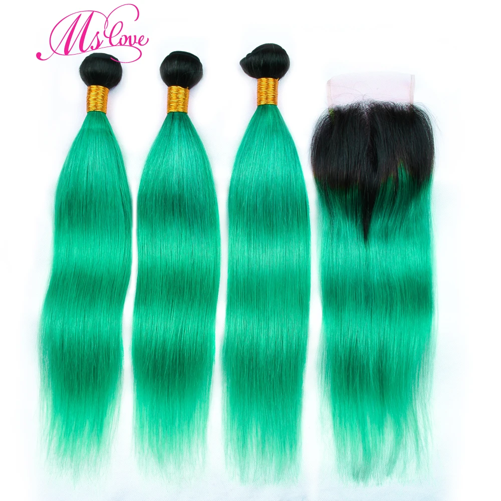 Ms Love Pre Colored Tb/Green Ombre Hair Bundles With Closure Brazilian Straigh Hair Bundles With Closure 4*4 Remy Human Hair
