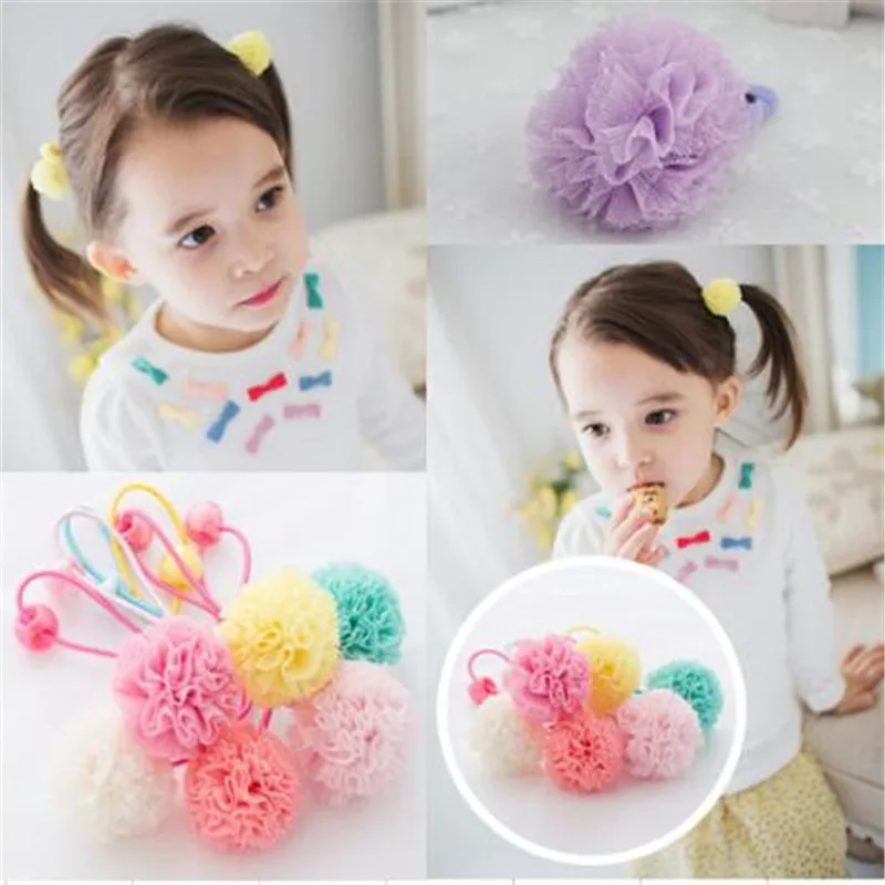 

2 pieces Cute Little Girls' Pompom Hair Ties Lace Ball Elastic Rubber Band for kids Colorful Hair Ropes Hair Accessories