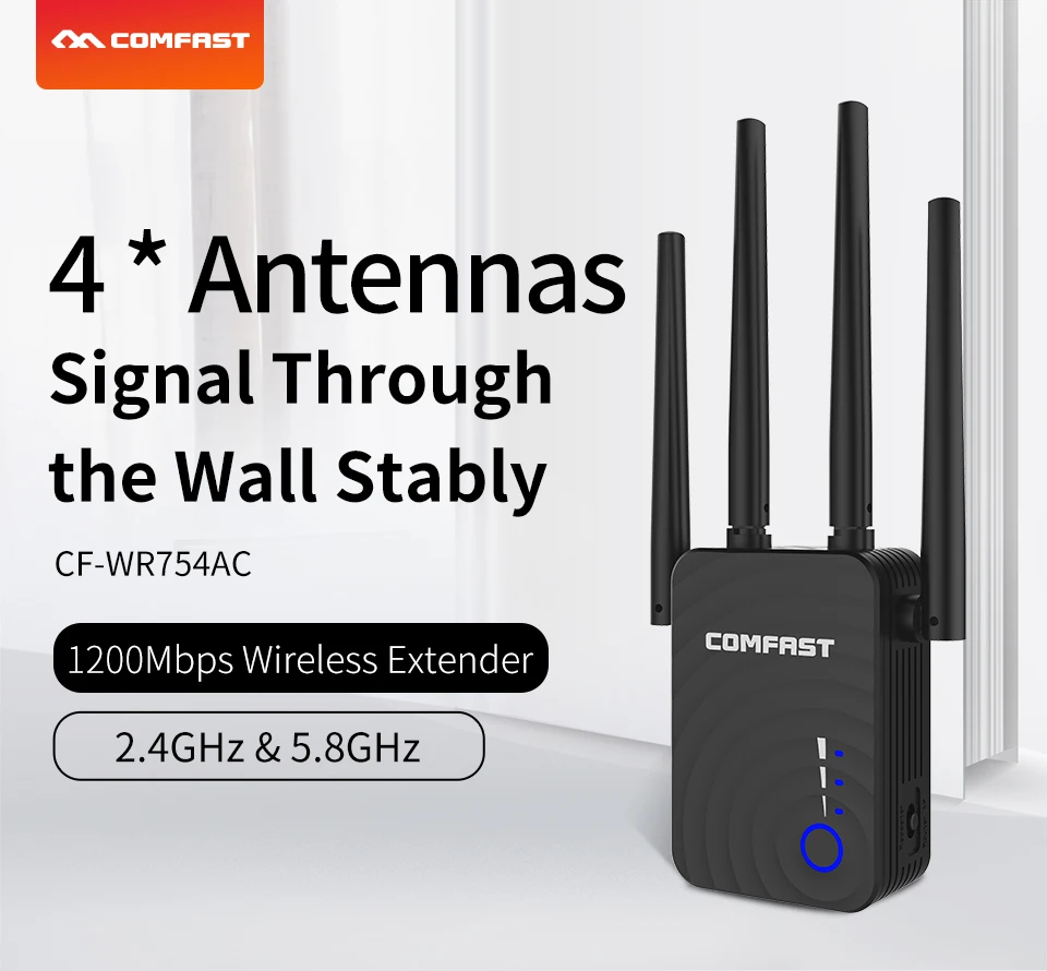 

COMFAST CF-WR754AC 1200Mbps Home Wireless dual band WiFi Range Extender 2.4/5Ghz Signal Booster with 4 Ethernet Antennas