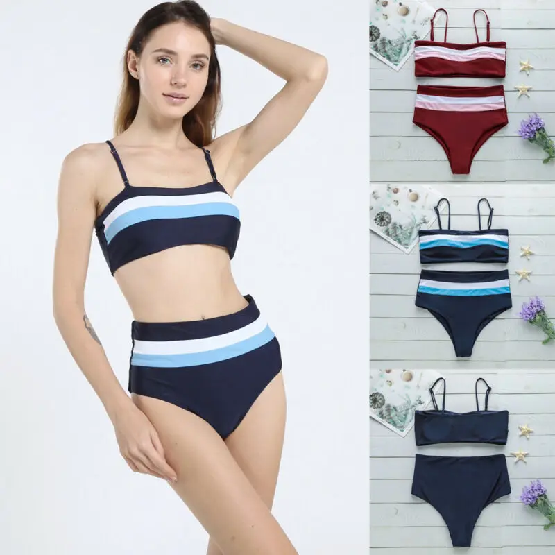 

Female High Waisted Bikini Set Padded Swimsuit 2 Piece Women's Striped Swimwear Fashion Bandeau Swimming Suit