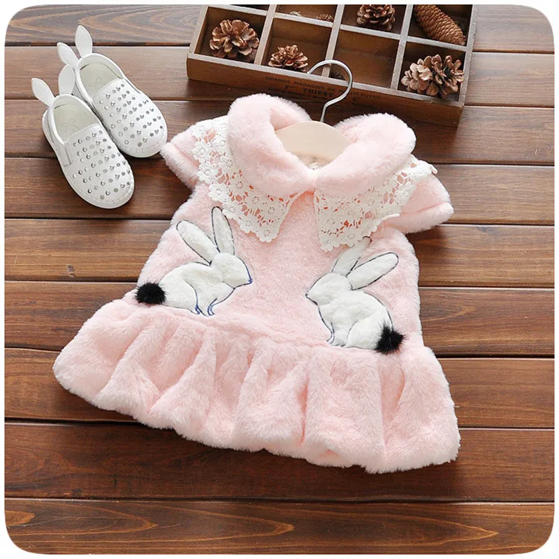 

2018 New Arrived Pink Colour Cartoon Animal Rabbit Fur Dresses For Girls Children Dress Winter Sweet Lace Girls Party dress
