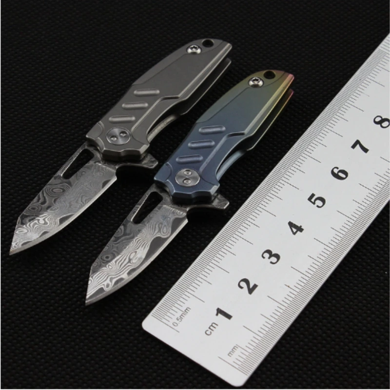 

mini folding blade knife D2 Damascus blade titanium handle flipper small pocket tactical survival rescue knives gift EDC tools