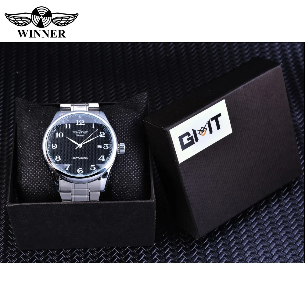 Модные простые черные часы Winner с дисплеем даты, серебристые деловые мужские автоматические наручные часы из нержавеющей стали, роскошные Брендовые Часы