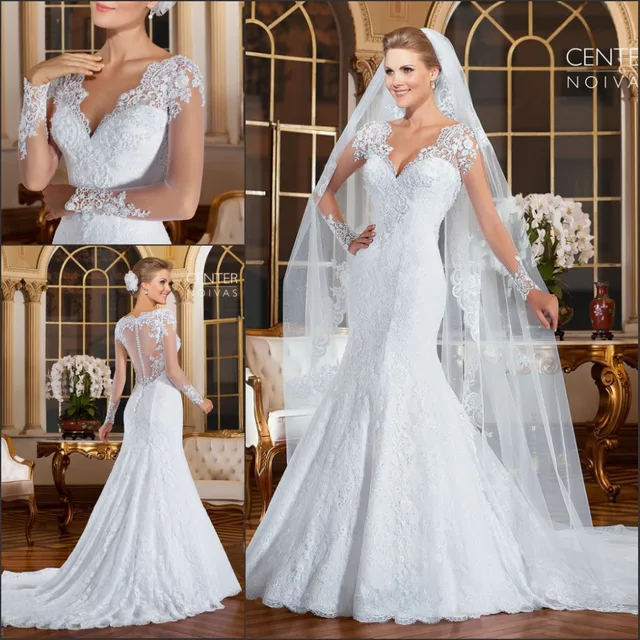 vestido de noiva 2015 romantic mangas largas sirena vestidos de
