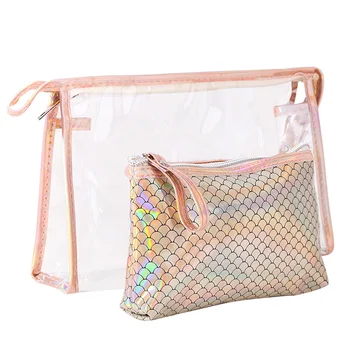 

2 in 1 Clear Mermaid Fish Scale Makeup Bag Travel Cosmetic Pouch Pen Case Toiletry Wash Bag Women fashion Cosmetic Hand bags