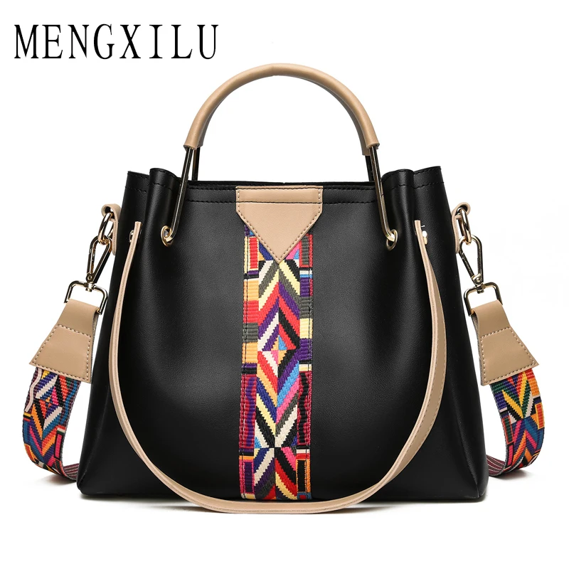 

MENGXILU Brand Pu Leather Bag Luxury Handbags Women Designer Metal Handle Ladies Shoulder Bags Colorful Strap Tote Bags 2018 Sac