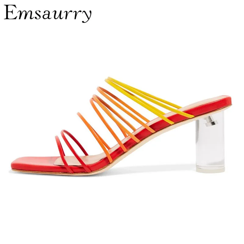 

New Summer Iridescent Narrow Band Slippers Women Clear Crystal Round Heel Square Toe Slip-on Mules Slingback Shoes Woman