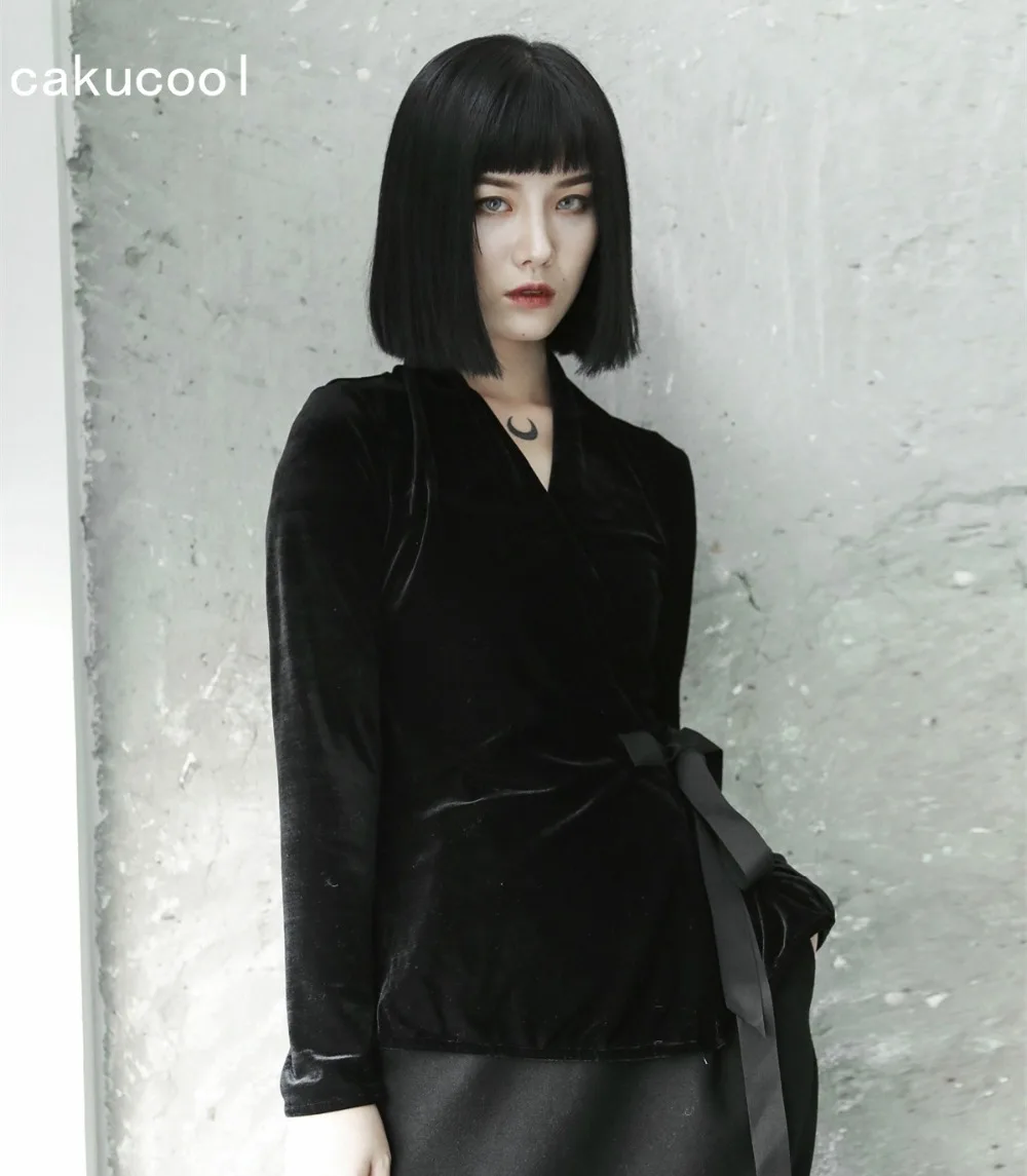 

Cakucool New 2019 Kimono Blouse Women Black Slim V neck Sashes Belt Long Sleeve Fleece Blusa Japan Gothic Blouses Shirt Femme