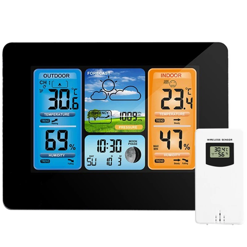 Цифровая метеостанция, термометр, гигрометр, барометр, беспроводной и датчик, ЖК-монитор, погода для внутреннего и наружного использования C - Цвет: Black