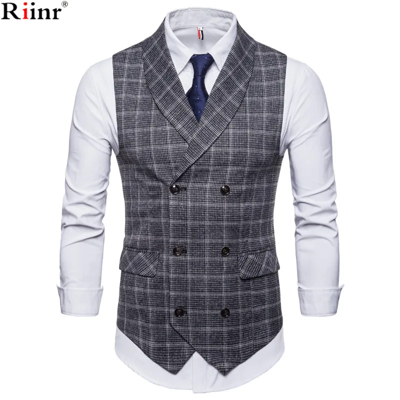 

Riinr 2018 New Men Formal Suit Vest New Fashion Striped Business Waistcoat Men Wedding Gray Sleeveless Vest Dress