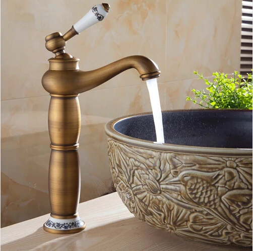 

Free Shipping Deck Mounted Tall Antique Brass Bathroom Faucet Single Ceramic Handle Ceramic Holder Basin Sink Mixer Tap A-070