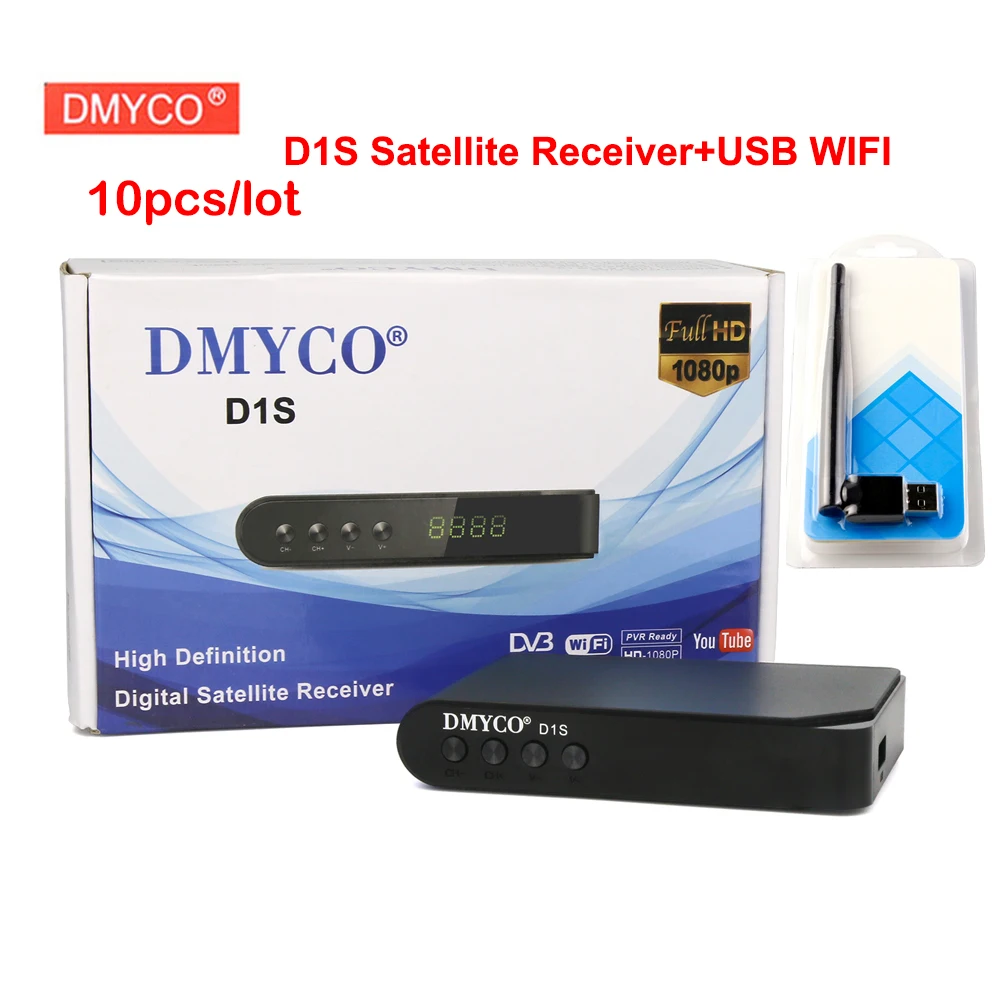 

10pcs/lot DMYCO D1S Digital satellite receiver dvb-s2 Full 1080P support Cccam cline 1 year youtube Youporn TV receptor+wifi usb