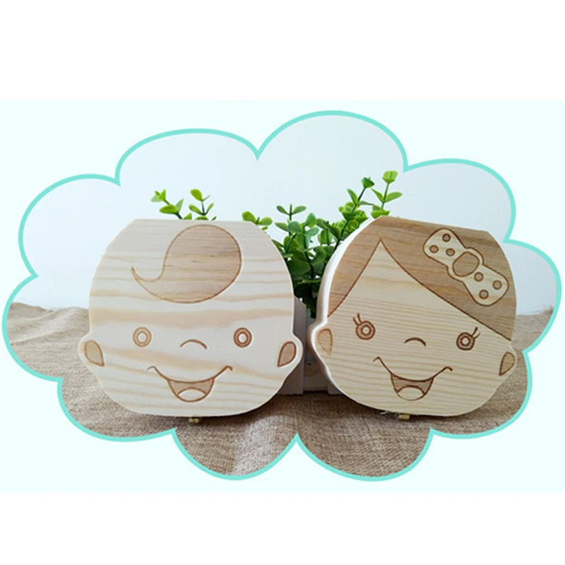 

English Version Woorden Kids Baby Milk Tooth Box Organizer Girl Boy Teeth Collection Wood Storage Box Action Figure Toys