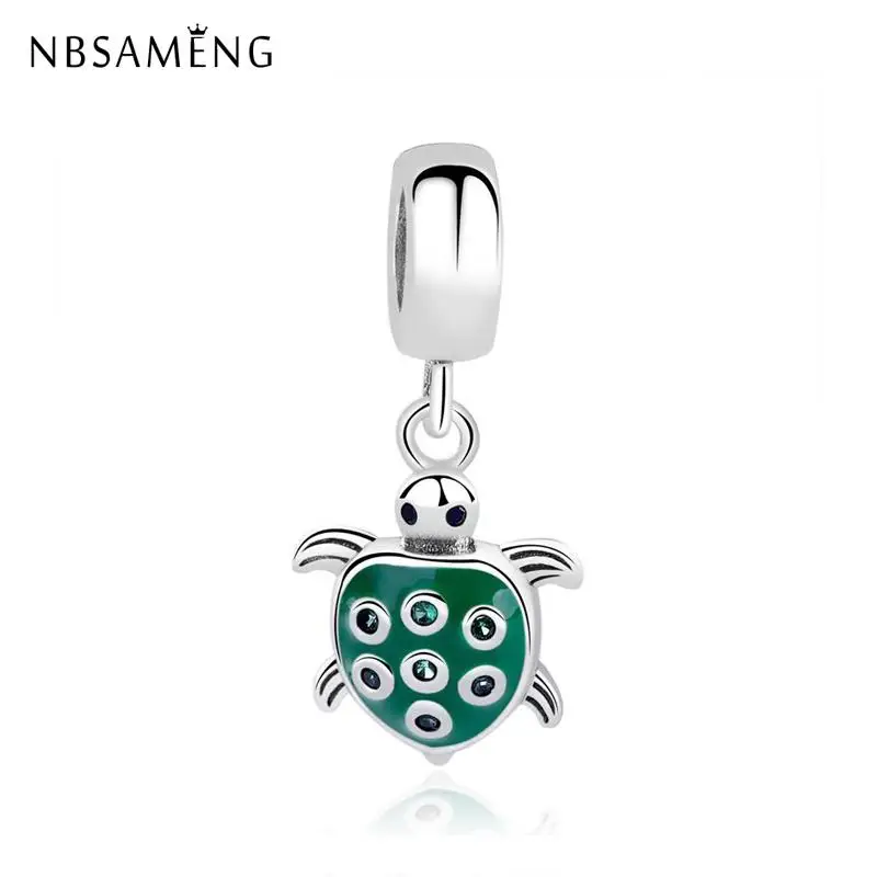 

925 Sterling Silver Beads Enamel Crystal Sea Animal Green Turtle Pendant DIY Charms Fit Pandora Original Bracelets 2019