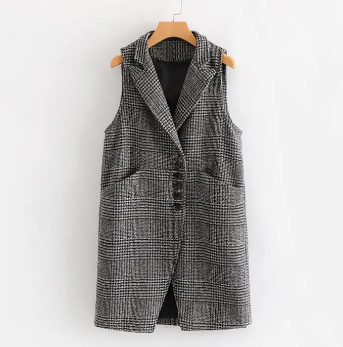 

Spring autumn women's turn-down collar plaid vest female sleeveless checked long vest waistcoat TB804