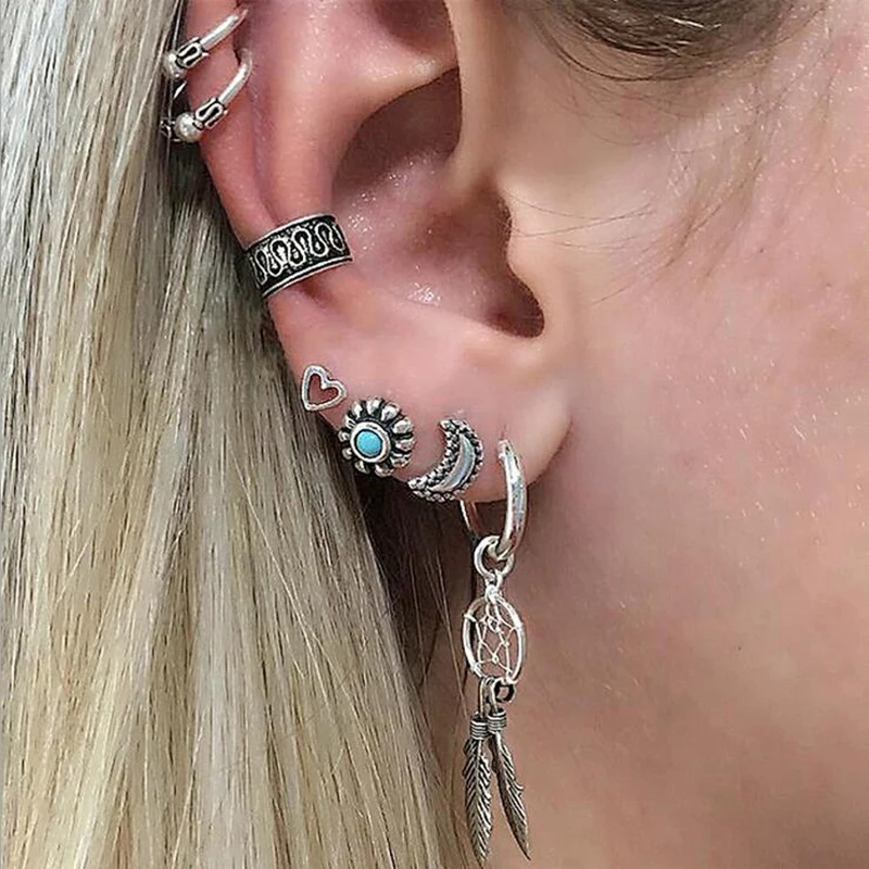 

Tocona 7pcs/set Vintage Silver C Shape Moon Ear Studs Earrings for Women Ear Cuff Ear Hoop Tiny Ear Bone Piercing Earrings 4631