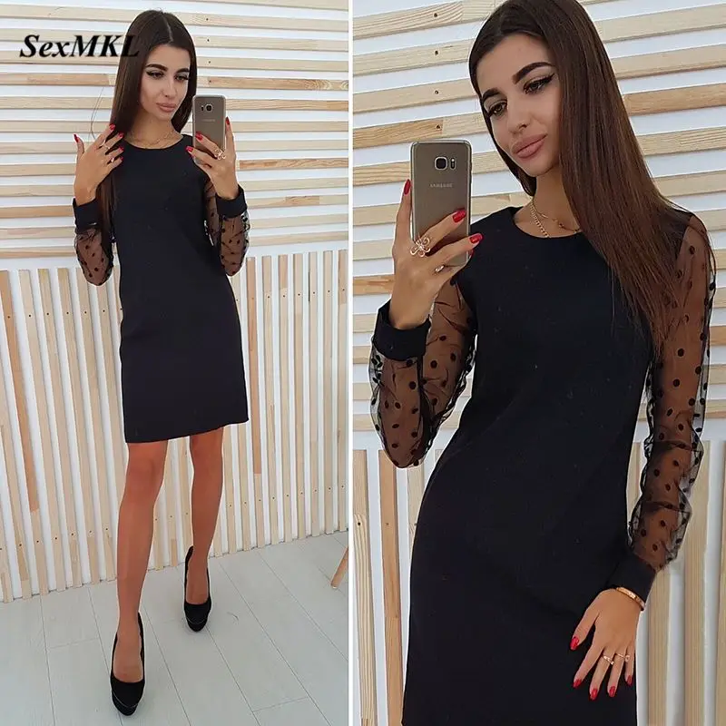 

SEXMKL Polka Dot Mesh Patchwork Mini Dress Women 2019 Spring Summer Casual O-Neck Long Sleeve Autumn Black Party Dress Vestidos
