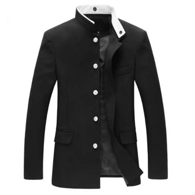 Men Black Slim Blazer Jacket Chinese Style Tunic Suit Long Sleeve Stand