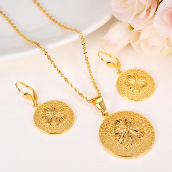 

New Fashion Ethiopian Jewelry Set Pendant Necklace & Earring Fashion Circle Design 24 k Yellow Solid Fine Gold FINISH