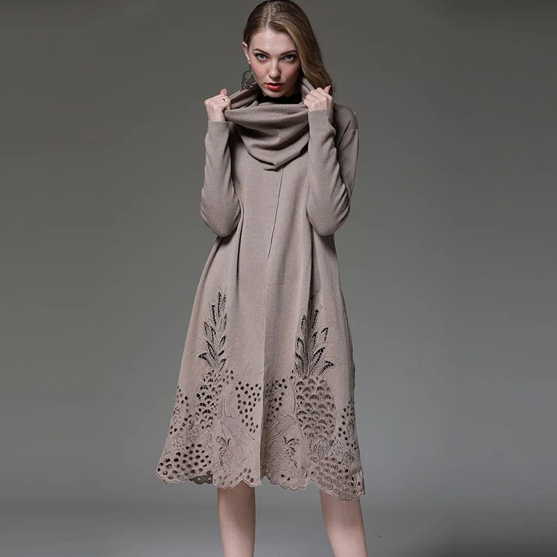 Best Price High Quality Brand Fashion Long Sweater Dress 2019 Autumn Winter Turtleneck Hollow Out Embroidery Long Sleeve Knitted Dress 2XL