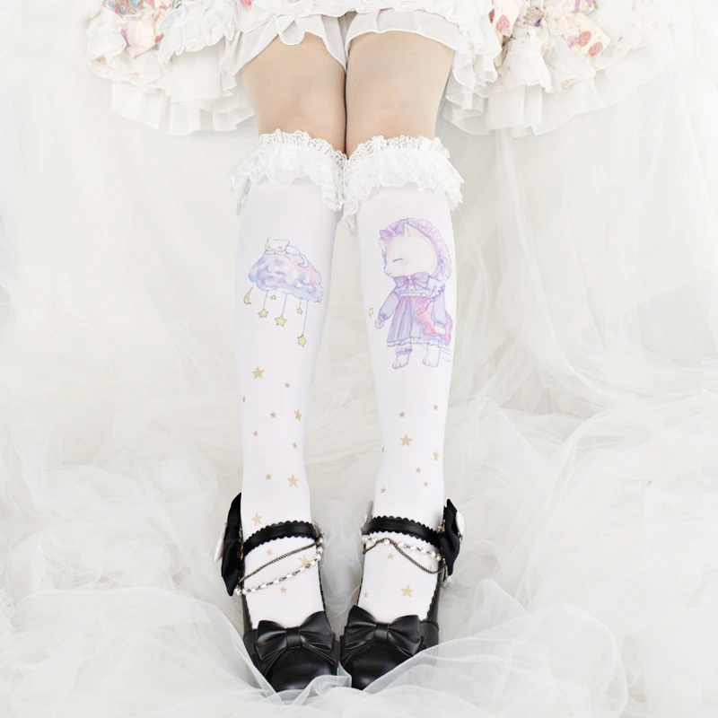 

Japanese Sweet Lolita White Lace Knee High Socks Women Lovely Cartoon Legs Stockings Kawaii Cat Cosplay Girl Christmas Socks