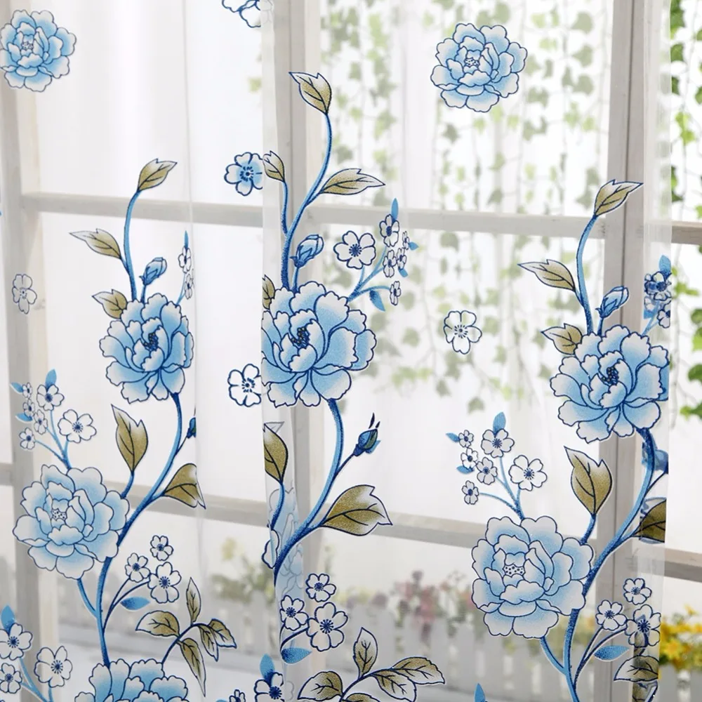 Flower Print Window Curtain Divider Tulle Voile Drape Panel Sheer Scarf Valances