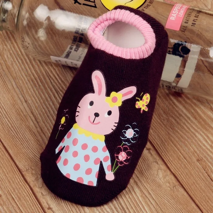 Хлопковые носки для девочек и мальчиков резиновые противоскользящие носки-тапочки детские носки с мультипликационным принтом животных свиней собак медведей лягушек 0-4 лет - Цвет: 5 Coffee Rabbit