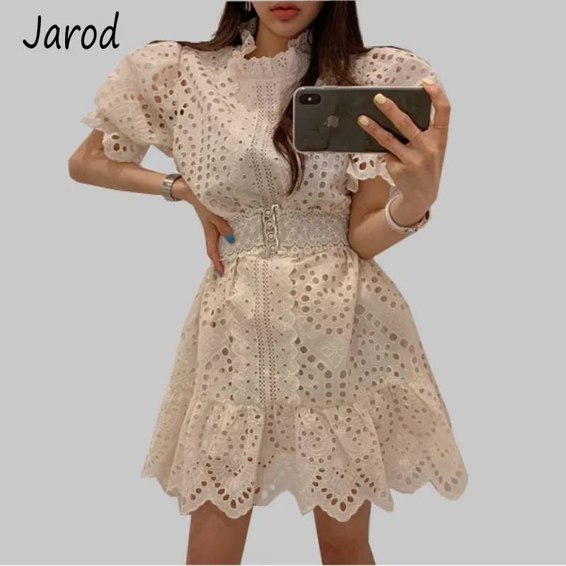 

Korea 2019 New Fashion Summer Lace Dress women puff sleeve Hollow Out High Waist Mini Dresses with belt