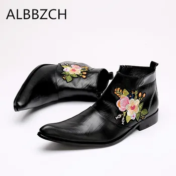 

Black fashion embroidered leather men boots pointed toe wedding dress ankle boots men's career work show boots big size 46 US12