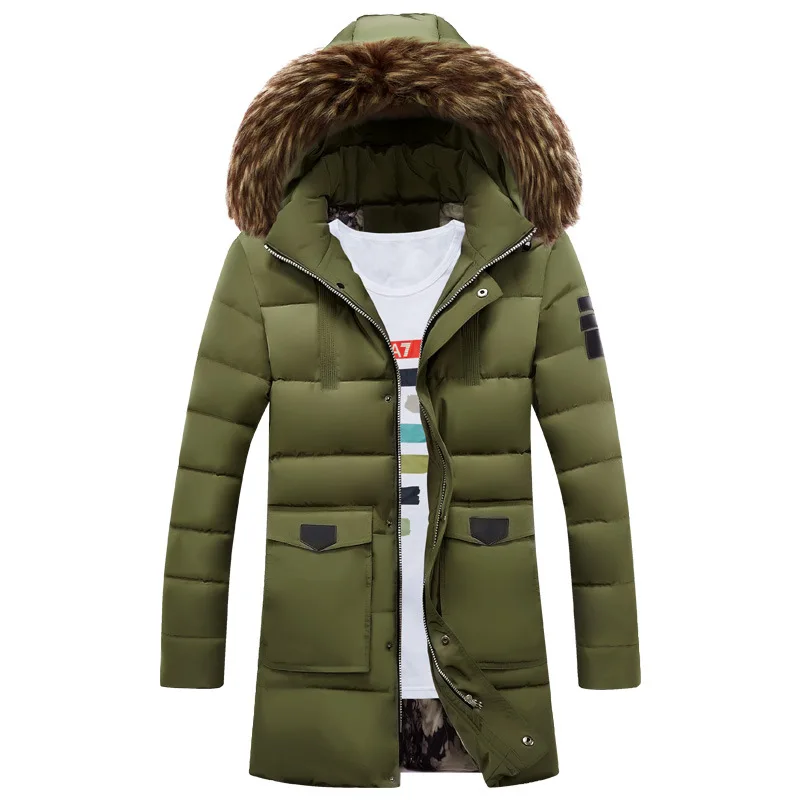 Мужская зимняя куртка, повседневная, военный, с капюшоном, с меховым воротником, утолщенная, средней длины, одноцветная, пуховики, утепленные, хлопковые пальто, мужские парки