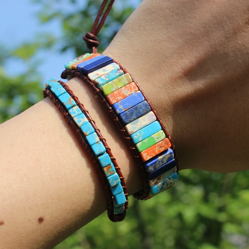 

New 7 chakra high quality couple bracelet jewelry handmade multi color natural stone beads leather women man wrap bracelet