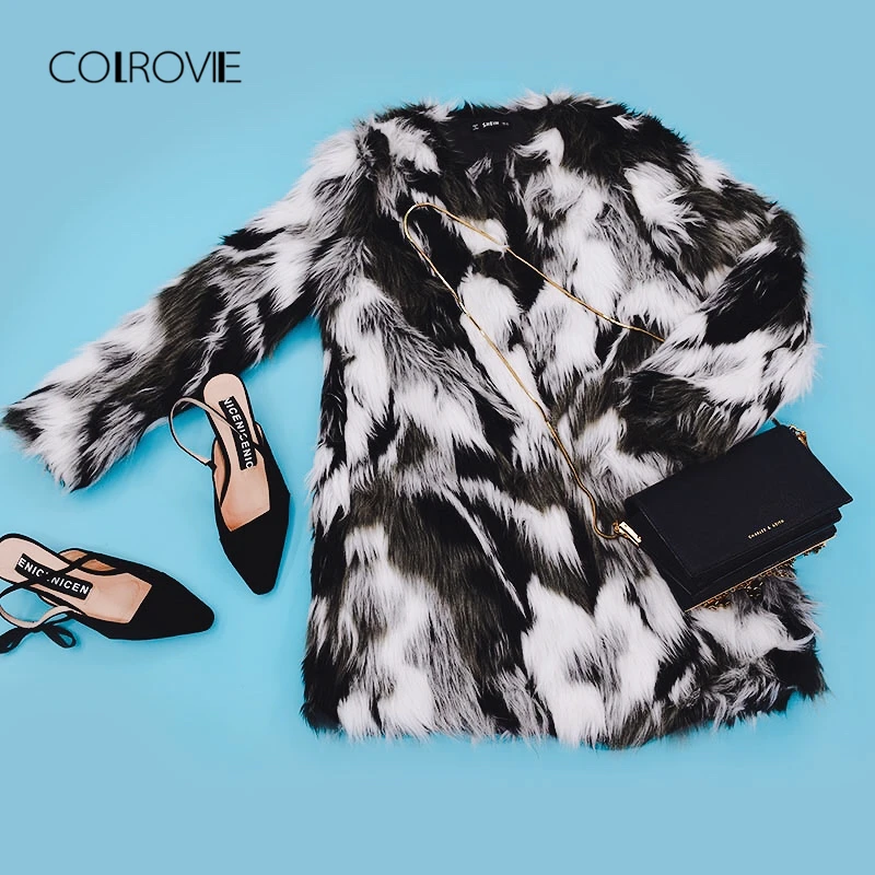 COLROVIE Faux Fur Fuzzy Coat Women ColorBlock Open Front Elegant Autumn Coats Fashion Winter Long Sleeve OL Work Coat Outerwear