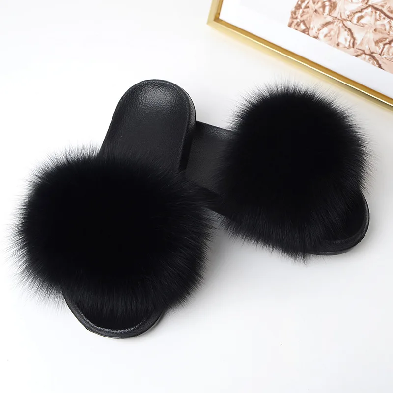 

Yu Kube High Quality Plush Furry Real Fur Slippers 2019 Real Fox Hair Slides Summer Shoes Women Plus Size Flip Flops Ladies