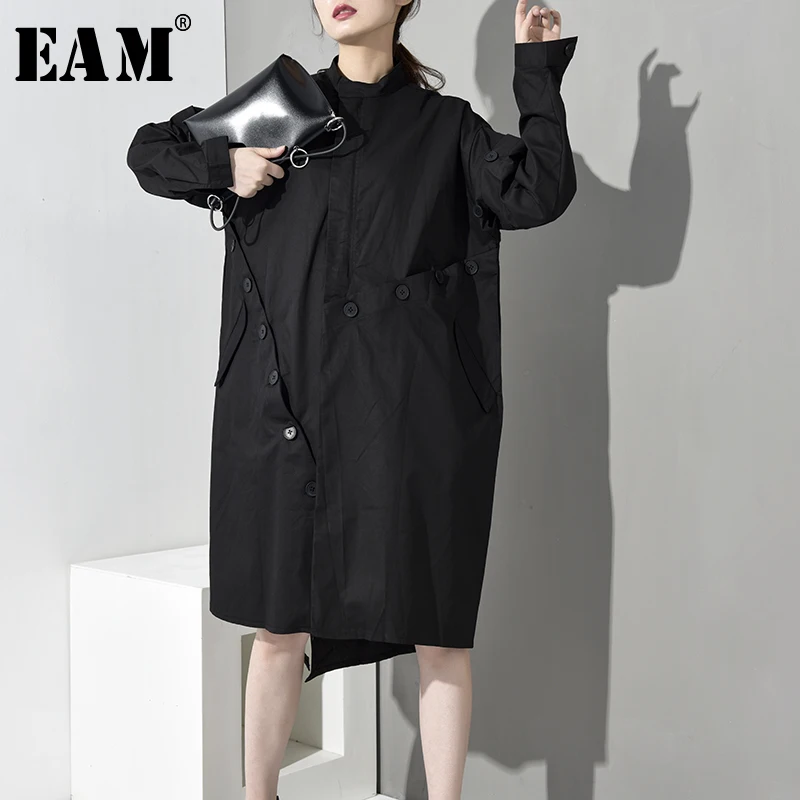 

[EAM] 2020 New Autumn Winter Stand Collar Long Sleeve Button Stitch Loose Long Big Size Windbreaker Women Trench Fashion JO0160