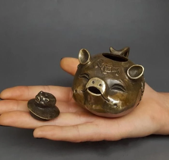 Коллекция Китайский античная бронза животные Свинья скульптура труба битой fortune чайник