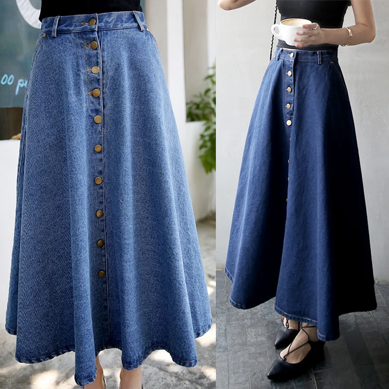 

New women England Style Long Section Denim Skirt Single Row Buckle Cowboy High Waist Big Swing A Word Skirt