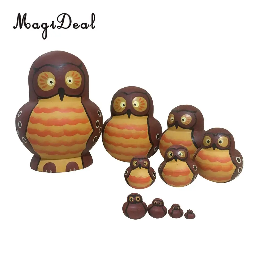 10Pcs Cute Cartoon Brown Owl Handmade Wooden Russian Nesting Dolls Matryoshka Dolls for Children Kids Toys Gift Home Decor