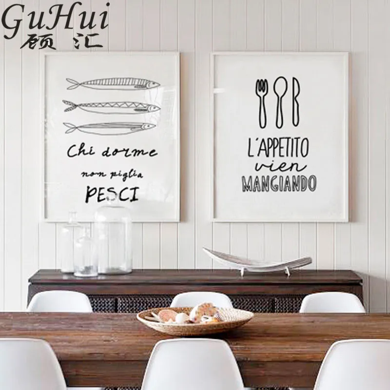

Scandinavian Black White Letter Italian Restaurant Canvas Painting Wall Picture Slang Living Room Decor kitchen Poster Fish Fork