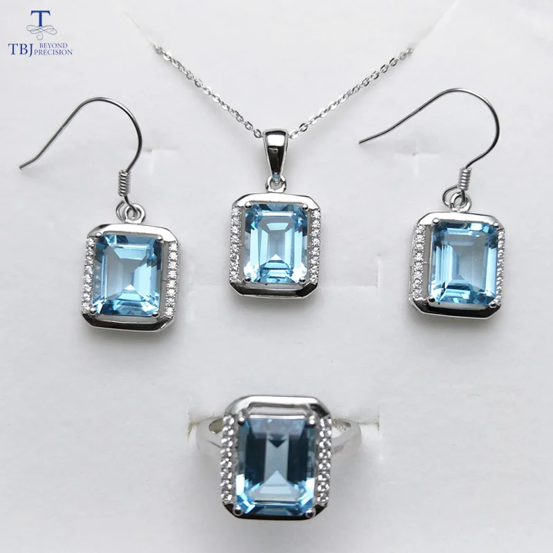 

TBJ,925 Sterling Silver Jewelry set 16ct Emerald cut sky blue Topaz set Desgin Necklace Earring Ring sets Women with gift box